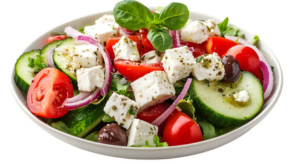 A vibrant greek salad with feta cheese tomatoes cucumbers and red onions in a white bowl closeup view