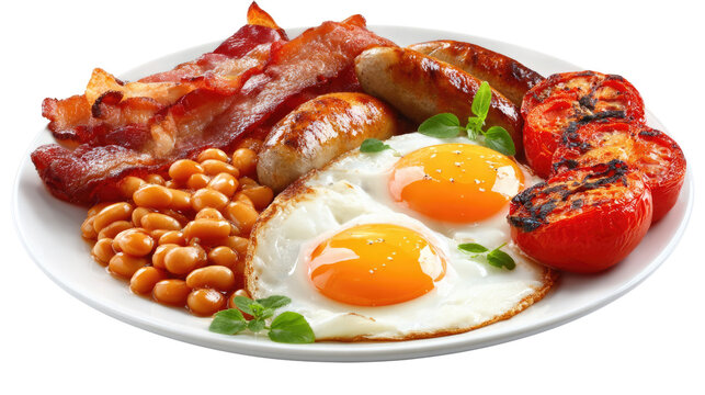 Hearty Breakfast Platter: A tempting close-up of a classic breakfast, featuring crispy bacon, sizzling sausage, sunny-side-up eggs, savory baked beans, and juicy grilled tomatoes.