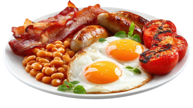 Hearty Breakfast Platter: A tempting close-up of a classic breakfast, featuring crispy bacon, sizzling sausage, sunny-side-up eggs, savory baked beans, and juicy grilled tomatoes.