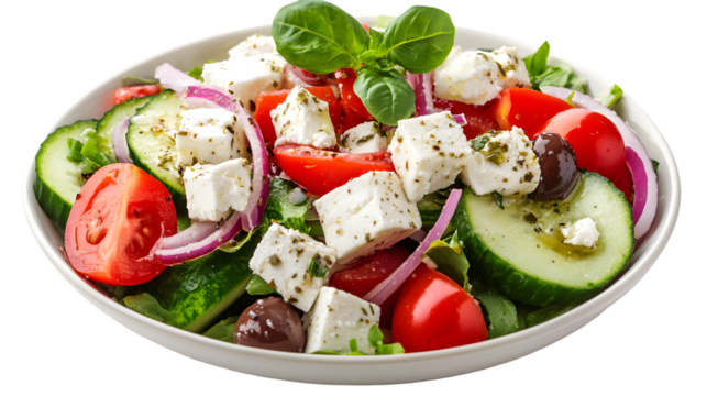 A vibrant greek salad with feta cheese tomatoes cucumbers and red onions in a white bowl closeup view