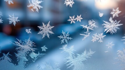 Frosted glass window with snowflakes, ice crystals, and frost patterns, set against a blurred background of a snowy outdoor scene.