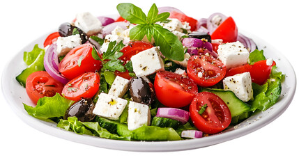 A vibrant greek salad with tomatoes feta olives and red onion on a white plate close up view
