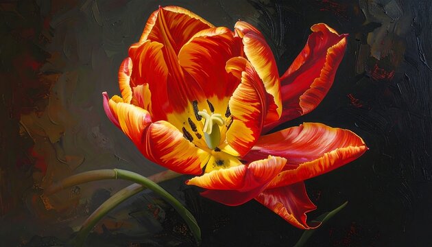 A vibrant and detailed painting of a beautiful red and yellow tulip flower - Powered by Adobe