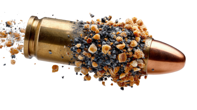 Bullet Explosion: A high-speed capture of a bullet disintegrating mid-air, revealing its inner components as it bursts into fragments.