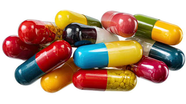 Colorful Capsules: A close-up view presents an array of vibrant capsules. These colorful pharmaceuticals are a visual representation of medication and healthcare.