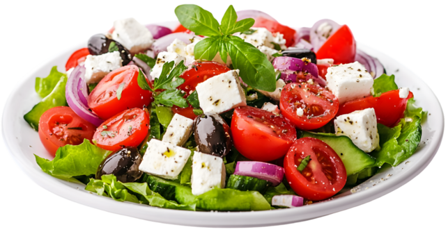 A vibrant greek salad with tomatoes feta olives and red onion on a white plate close up view