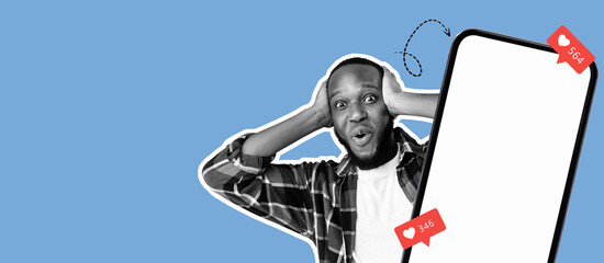A collage shows a man in disbelief as he reacts to social media notifications. His expressions convey surprise and joy amidst a colorful background, symbolizing online engagement.