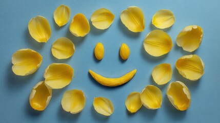 Yellow flower petals arranged in a smiley face on a blue background.