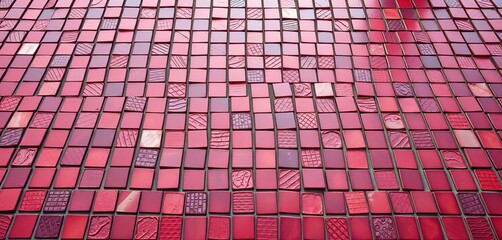 Intricate red tile mosaic, textured surface, varied shades,  building,  color