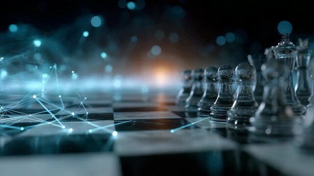 Futuristic chessboard with transparent glass pieces illuminated by digital blue lights and abstract network connections. Strategic gameplay meets modern technology in this conceptual image - Powered by Adobe