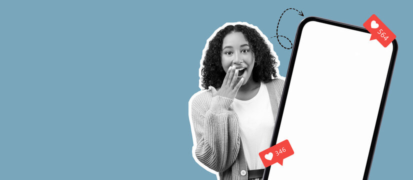 A young woman with curly hair looks amazed while holding a smartphone that displays social media engagement numbers. The background is a simple blue, emphasizing her expression.