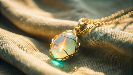 A translucent opalite pendant glowing faintly in soft daylight simple wire wrap placed on textured natural fabric emotional stillness subtle pastel reflection serene artisan tone