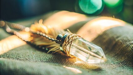 A pale crystal pendant shaped like a feather tip delicate wire wrapping resting on linen with warm daylight soft breeze implied minimal boho style