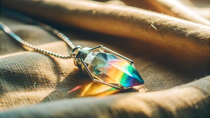 A dual colored crystal pendant reflecting faint rainbow flares handmade silver wrapping lying on cotton cloth gentle sunlight crisp yet dreamy focus artistic simplicity
