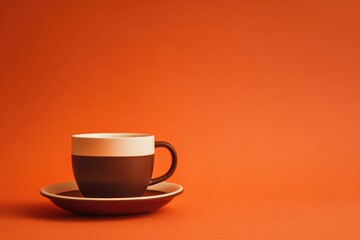 Obraz premium A simple coffee cup and saucer, muted brown and cream, sits against an orange backdrop