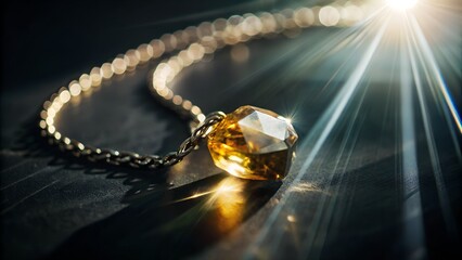 A handmade necklace with citrine crystal glowing in sunbeam soft focus authentic imperfections artisanal jewelry intimate lifestyle lighting