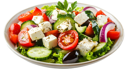 A vibrant greek salad with feta cheese tomatoes cucumbers and red onion in a white bowl close up shot
