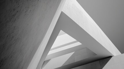 Fototapeta premium Abstract geometric shapes, white and black, forming a triangular pattern in a modern architectural setting.