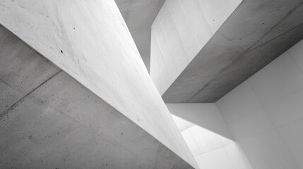 Abstract concrete architecture with geometric shapes and shadows, featuring a white interior and a concrete exterior.
