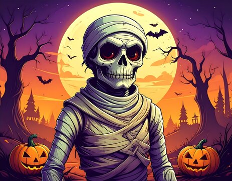 Cartoon mummy stands before a full moon with pumpkins during Halloween in eerie setting