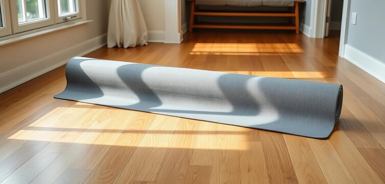 Grey yoga mat unrolled on hardwood floor in bright room, workout, practice