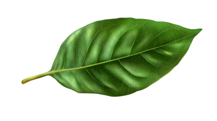 A single green leaf with prominent veins and a stem isolated against a black background