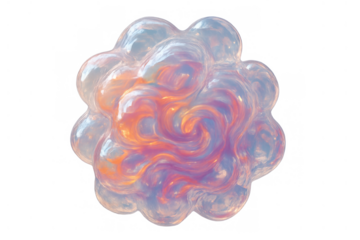 Iridescent liquid blob displaying swirling orange and purple colors, forming an organic 3d shape against a transparent background