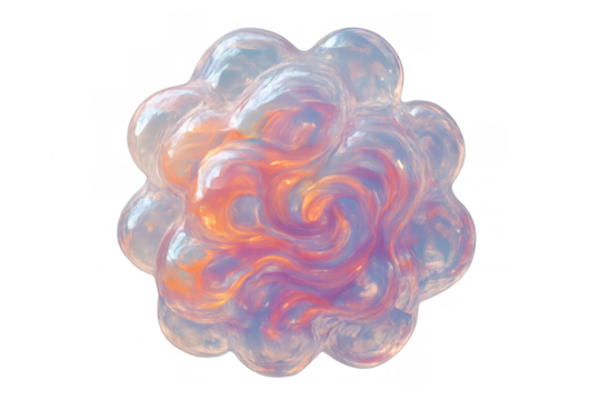 Iridescent liquid blob displaying swirling orange and purple colors, forming an organic 3d shape against a transparent background