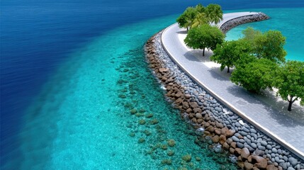 Aerial View Of An Overwater Walkway Lined With Lush Green Trees And Rocky Embankments On A Sunny Day With Clear Turquoise Ocean Water