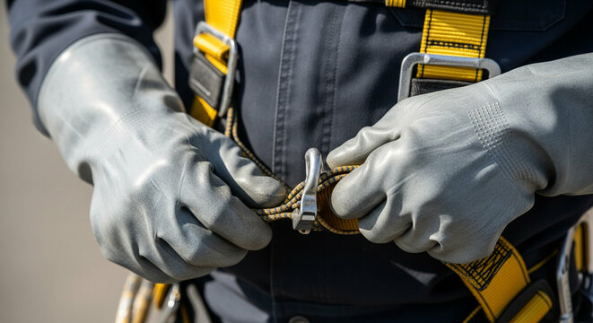 安全帯（ハーネス）の金具を装着する作業員の手元