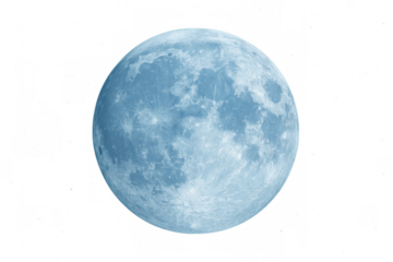 Blue full moon showing detailed surface texture and craters isolated on a transparent background