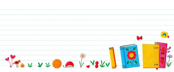 Kids' lined paper template with colorful books and playful illustrations,  notebook,   paper texture