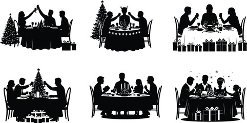 Christmas family dinner, festive celebration, holiday gathering, silhouette people, decorated tree, gifts, candles, snowflakes, joyful meal, winter party scene