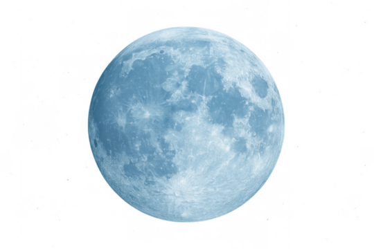Blue full moon showing detailed surface texture and craters isolated on a transparent background