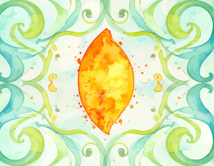 Abstract Watercolor Flame with Swirling Green and Blue Border.