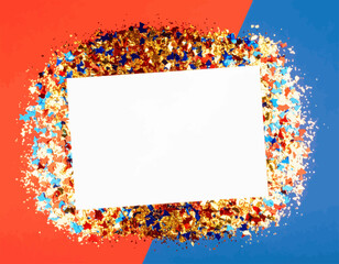 Blank White Card Surrounded by Colorful Glitter on Red and Blue Background.