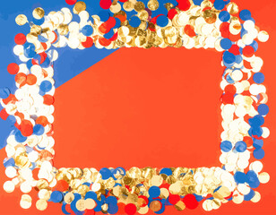Red White and Blue Confetti Frame on Orange and Blue Background.