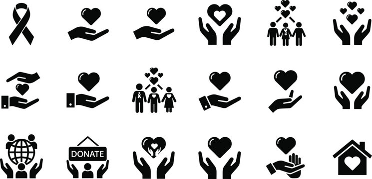 Charity icons, love symbols, support graphics, community care, donation vector, heart hands, family help, awareness ribbon, humanitarian aid, kindness - Powered by Adobe