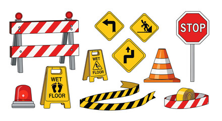 Collection of construction and traffic safety signs and equipment