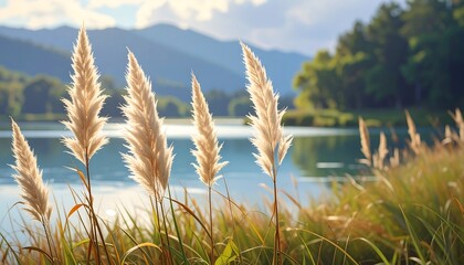 Beautiful Pampas Grass by a Lake with Mountains in the Background