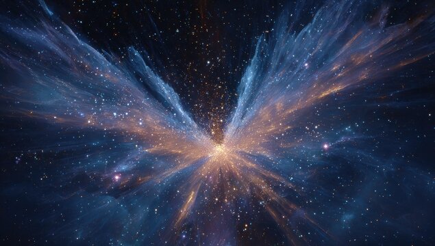 Cosmic butterfly wings burst outward from a central point in a deep space
