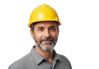 A mature man wearing a bright yellow protective hard hat and a grey collared shirt smiling confidently isolated on transparent background
