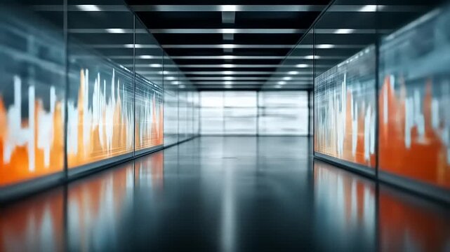 Data Stream Visualization: A Modern Corridor Displaying Fluctuating Financial Charts