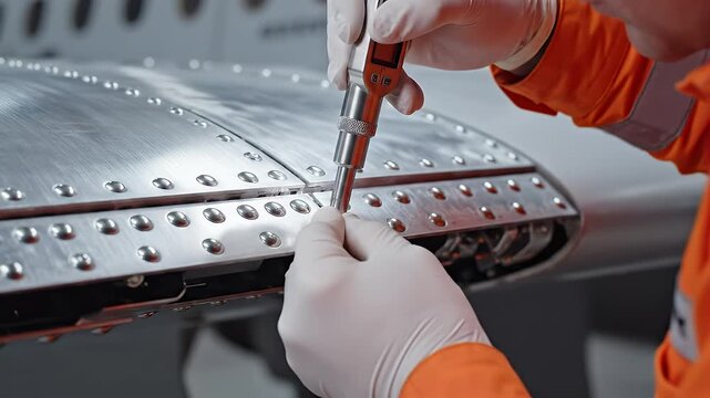 Skilled Technician Performing Precision Aircraft Maintenance and Repair on Metal Surface.