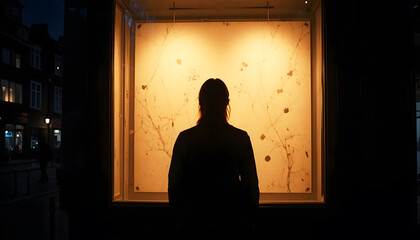 Contemplative Observation: A lone figure stands captivated, engrossed by the illuminated display within a storefront window, immersed in quiet reflection.