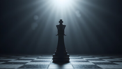The Lone King: A majestic king chess piece stands alone on the checkered board, bathed in the ethereal glow of spotlight, evoking a sense of strategy and solitary strength.