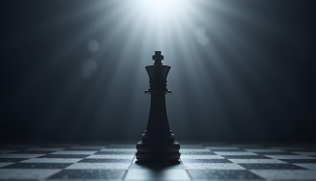 The Lone King: A majestic king chess piece stands alone on the checkered board, bathed in the ethereal glow of spotlight, evoking a sense of strategy and solitary strength.