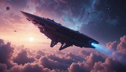 Spaceship Soaring Above Cloud: A futuristic spaceship ascends through the celestial canvas above the clouds, leaving a trail of light and energy, symbolizing exploration, adventure.