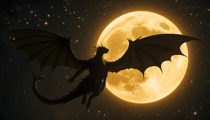 Dragon's Celestial Flight: A majestic dragon soars gracefully across the night sky, its silhouette elegantly contrasted against a luminous full moon and a sprinkle of stars.