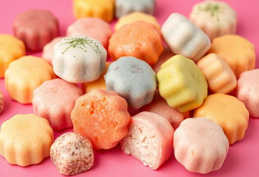 Vibrant assortment of multicolored mochi on a pink backdrop, studio shot, japanese sweets